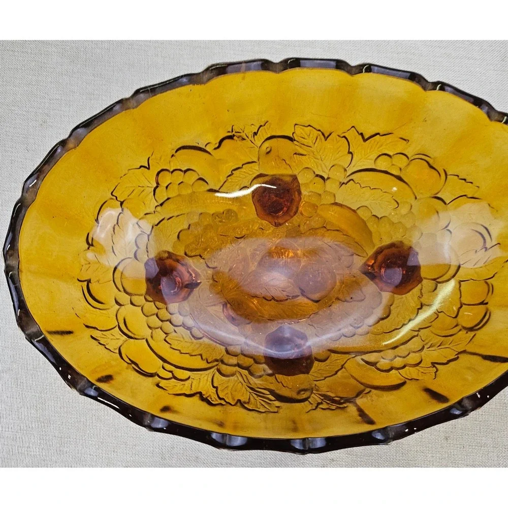 Vintage Amber Indian Glass Fruit Bowl Footed Oval Scalloped Rim Embossed Fruit
